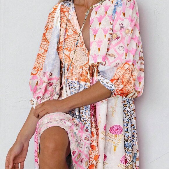 Multicolor Bohemian  Women's Lantern Sleeve V Neck Tie Pockets Maxi Dress - Picture 3 of 5